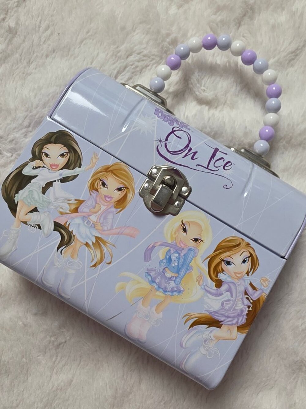 Vintage 2006 Bratz On Ice Tin Purse Metal Lunch Box Purple Beaded Handle Y2K MGA